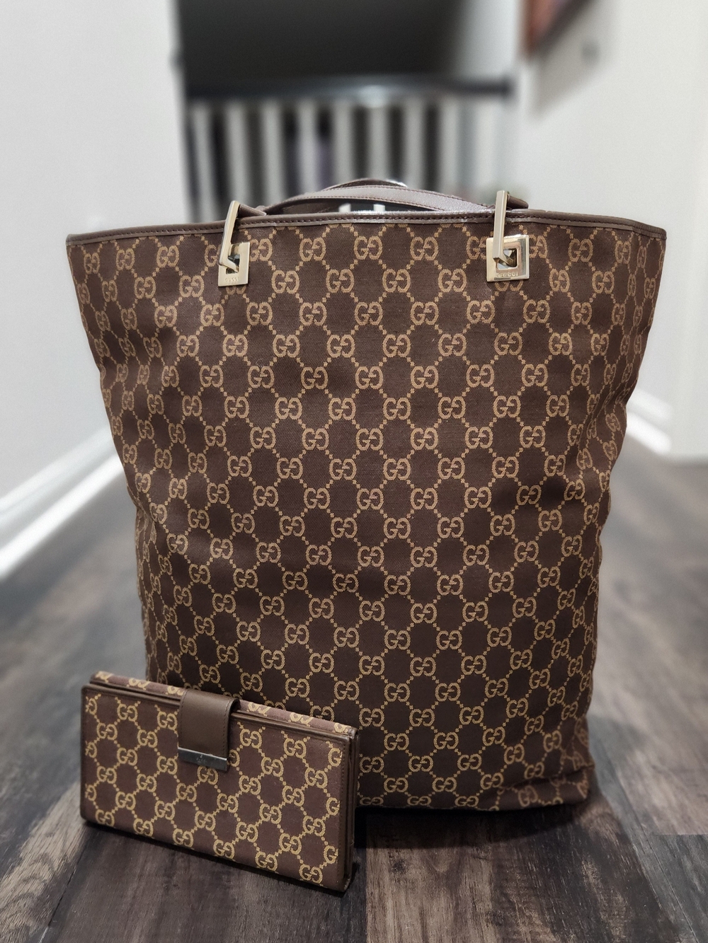 Vintage Gucci GG Monogram Canvas Tote Bag + Wallet Set Brown